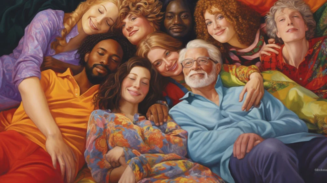 group of people cuddling at a snuggle party, wearing colorful pajamas
