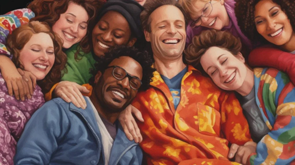 group of people cuddling at a snuggle party, wearing colorful pajamas